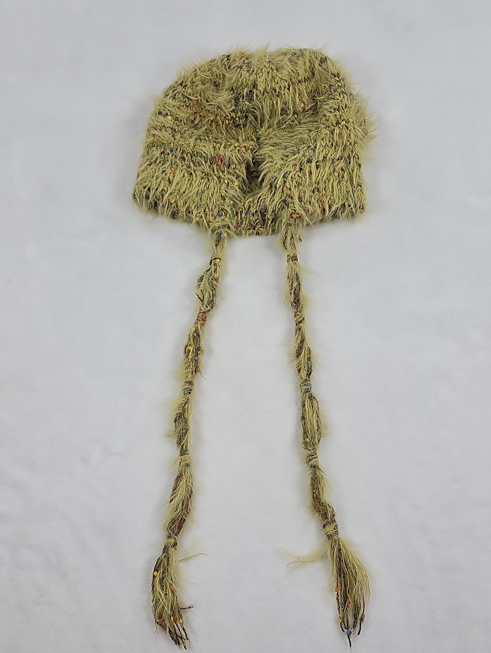 Cider Lime‎ Green Confetti Fuzzy Knit Trapper Hat Braided Tassels Eyelash Shaggy